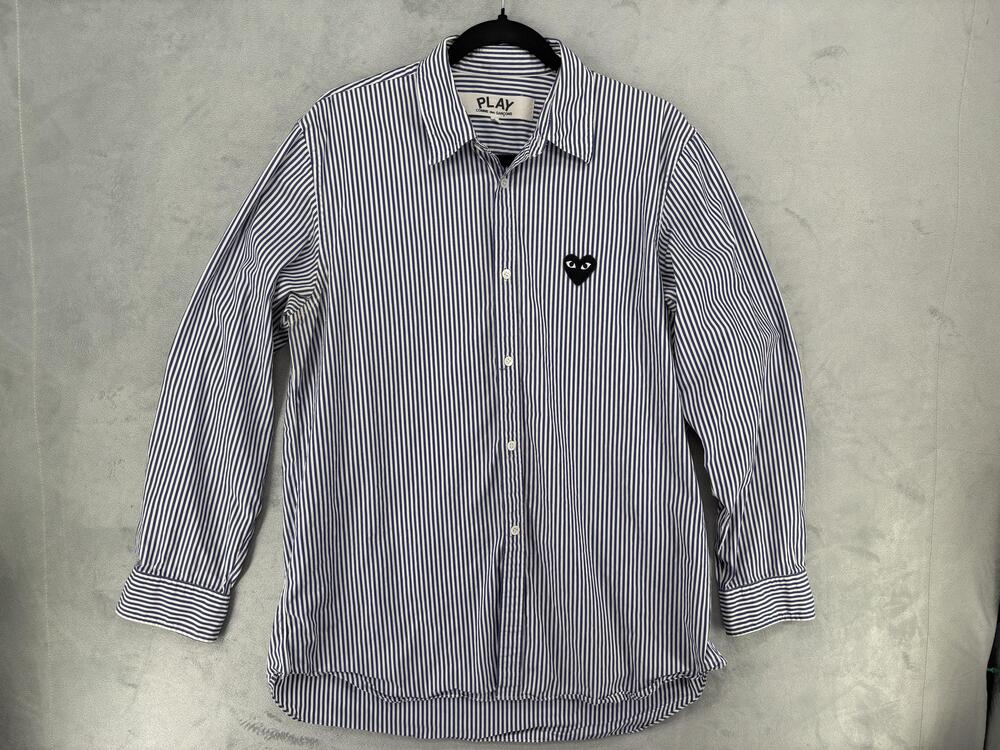 Comme Des Garcons Play Shirt Mens Large Stripe Long Sleeve Heart Logo Button Up